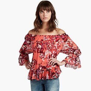 LUCKY BRAND Boho Off The Shoulder Blouse Top Size Medium Coral Pink Floral EUC